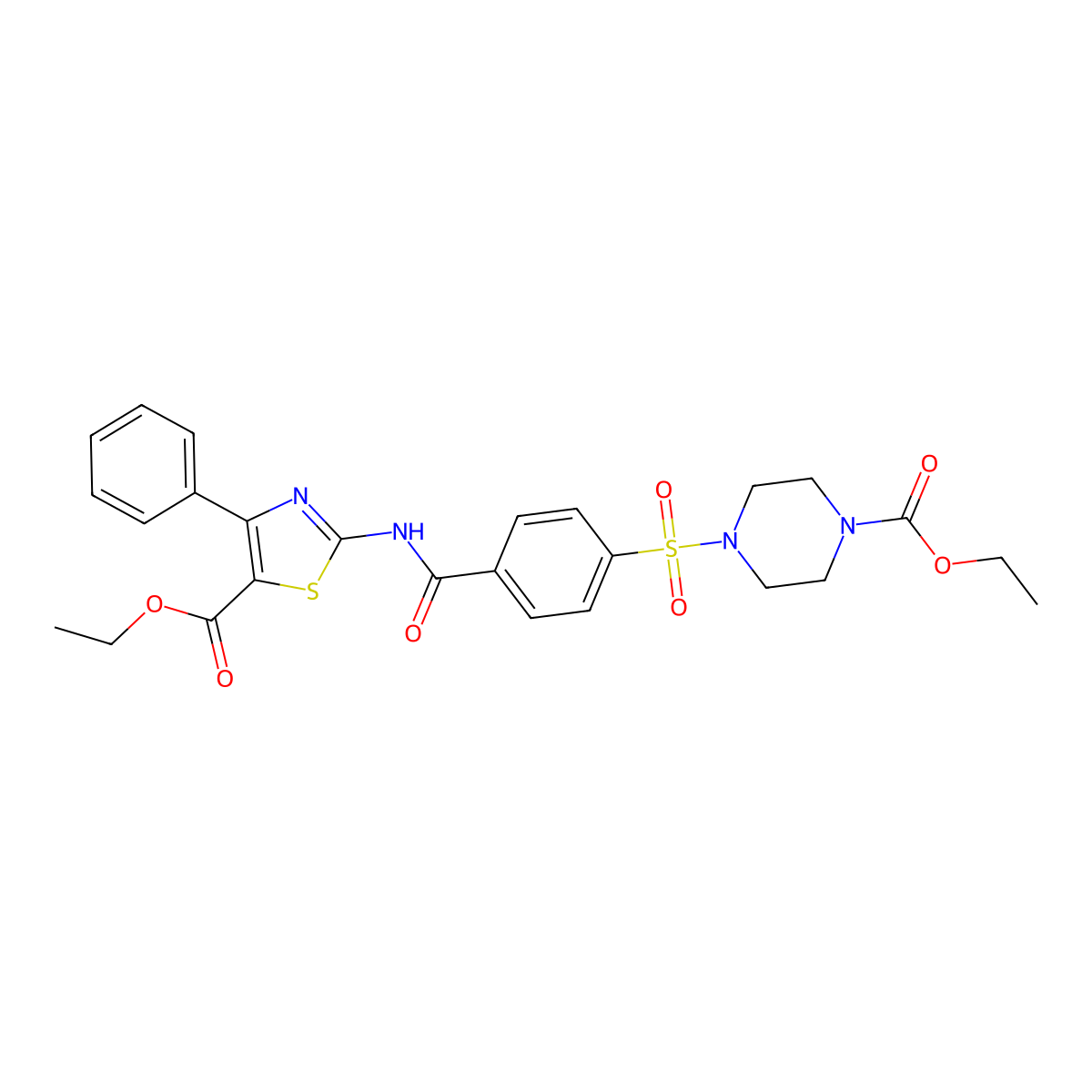 Ethyl 2-(4-((4-(ethoxycarbonyl)piperazin-1-yl)sulfonyl)benzamido)-4-phenylthiazole-5-carboxylate molecular structure, CAS 361174-42-7