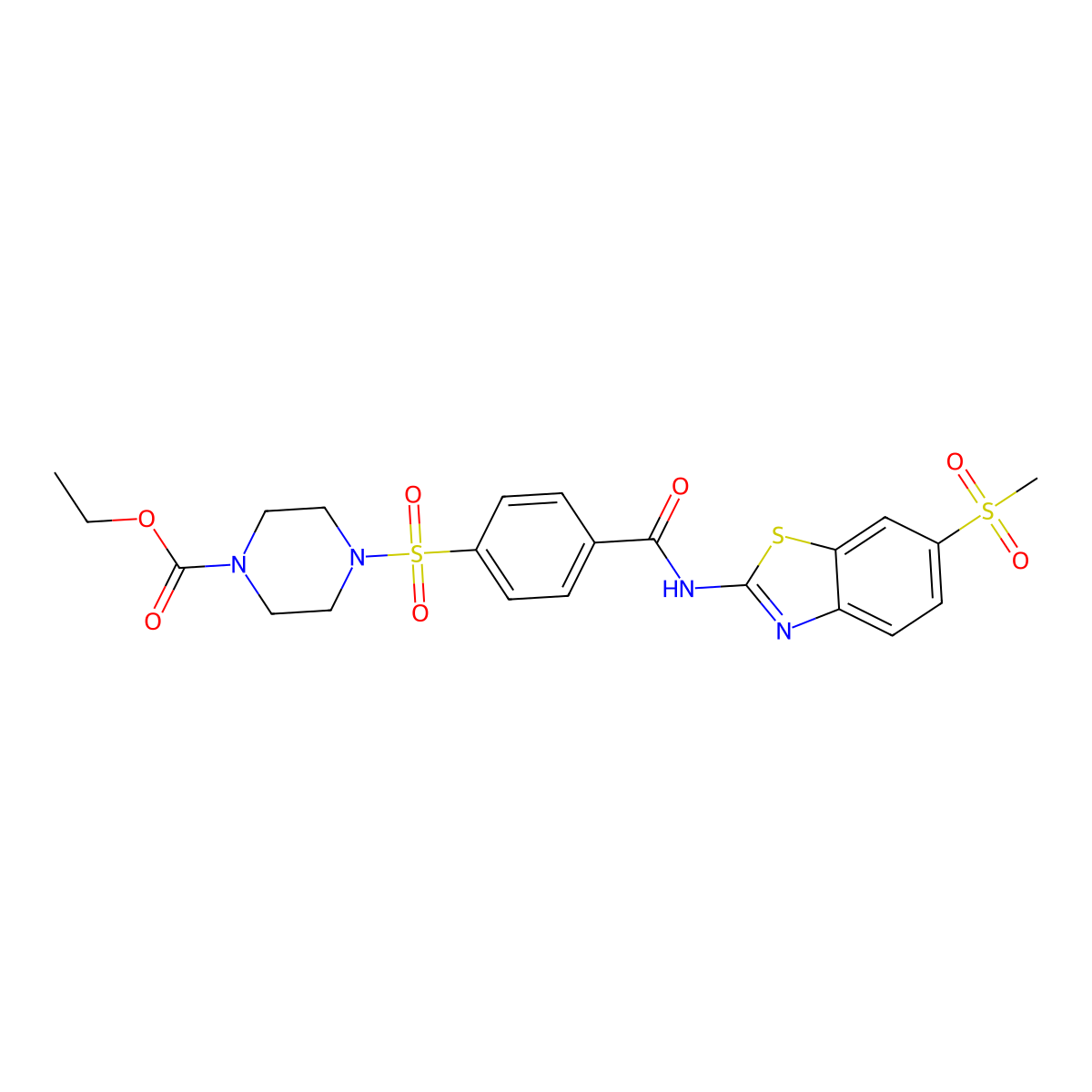 Ethyl 4-((4-((6-(methylsulfonyl)benzo[d]thiazol-2-yl)carbamoyl)phenyl)sulfonyl)piperazine-1-carboxylate molecular structure, CAS 361174-46-1