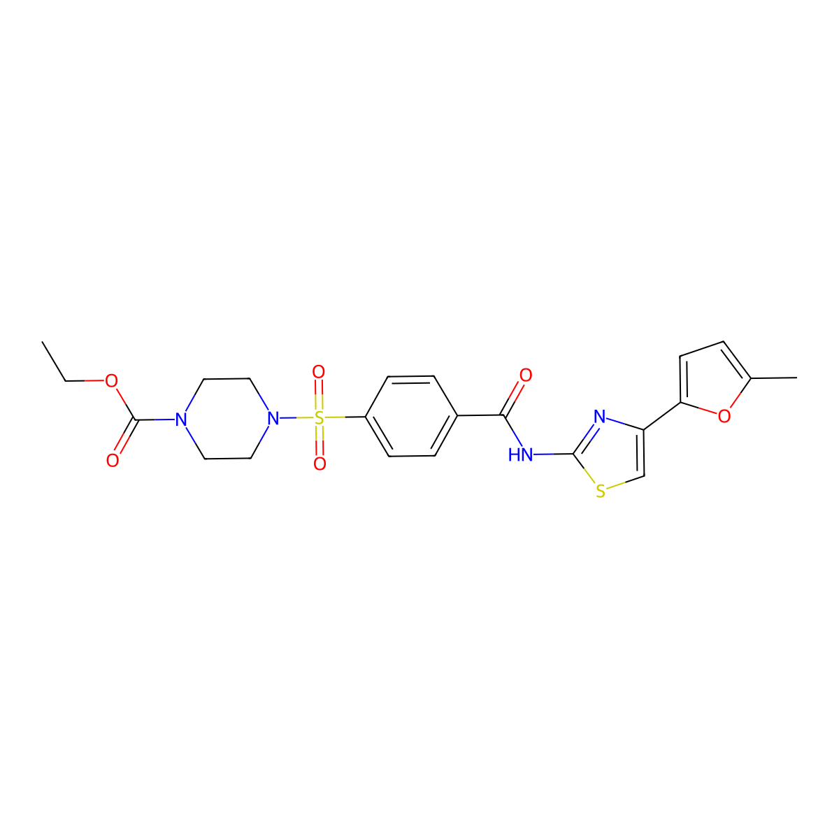 Ethyl 4-((4-((4-(5-methylfuran-2-yl)thiazol-2-yl)carbamoyl)phenyl)sulfonyl)piperazine-1-carboxylate molecular structure, CAS 361174-47-2