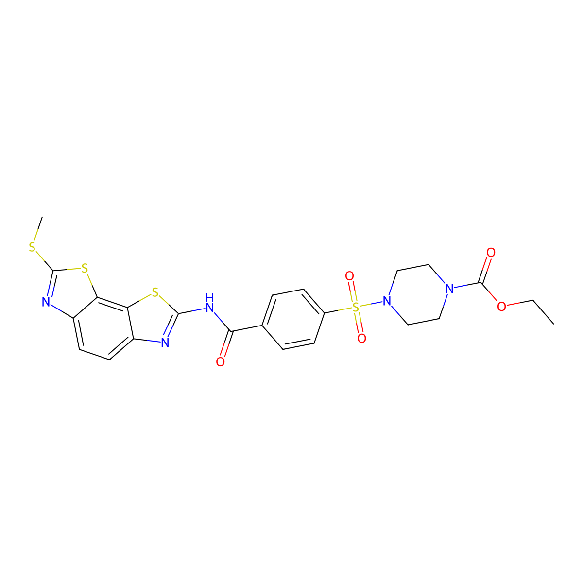 Ethyl 4-[4-[(2-methylsulfanyl-[1,3]thiazolo[4,5-g][1,3]benzothiazol-7-yl)carbamoyl]phenyl]sulfonylpiperazine-1-carboxylate molecular structure, CAS 361174-56-3