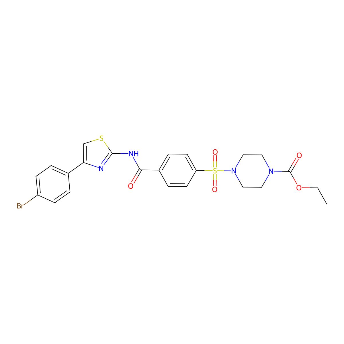 Ethyl 4-((4-((4-(4-bromophenyl)thiazol-2-yl)carbamoyl)phenyl)sulfonyl)piperazine-1-carboxylate molecular structure, CAS 361174-57-4
