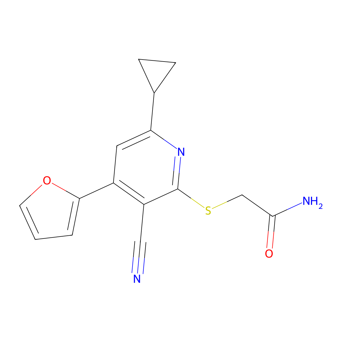2-((3-Cyano-6-cyclopropyl-4-(furan-2-yl)pyridin-2-yl)thio)acetamide molecular structure, CAS 361174-63-2