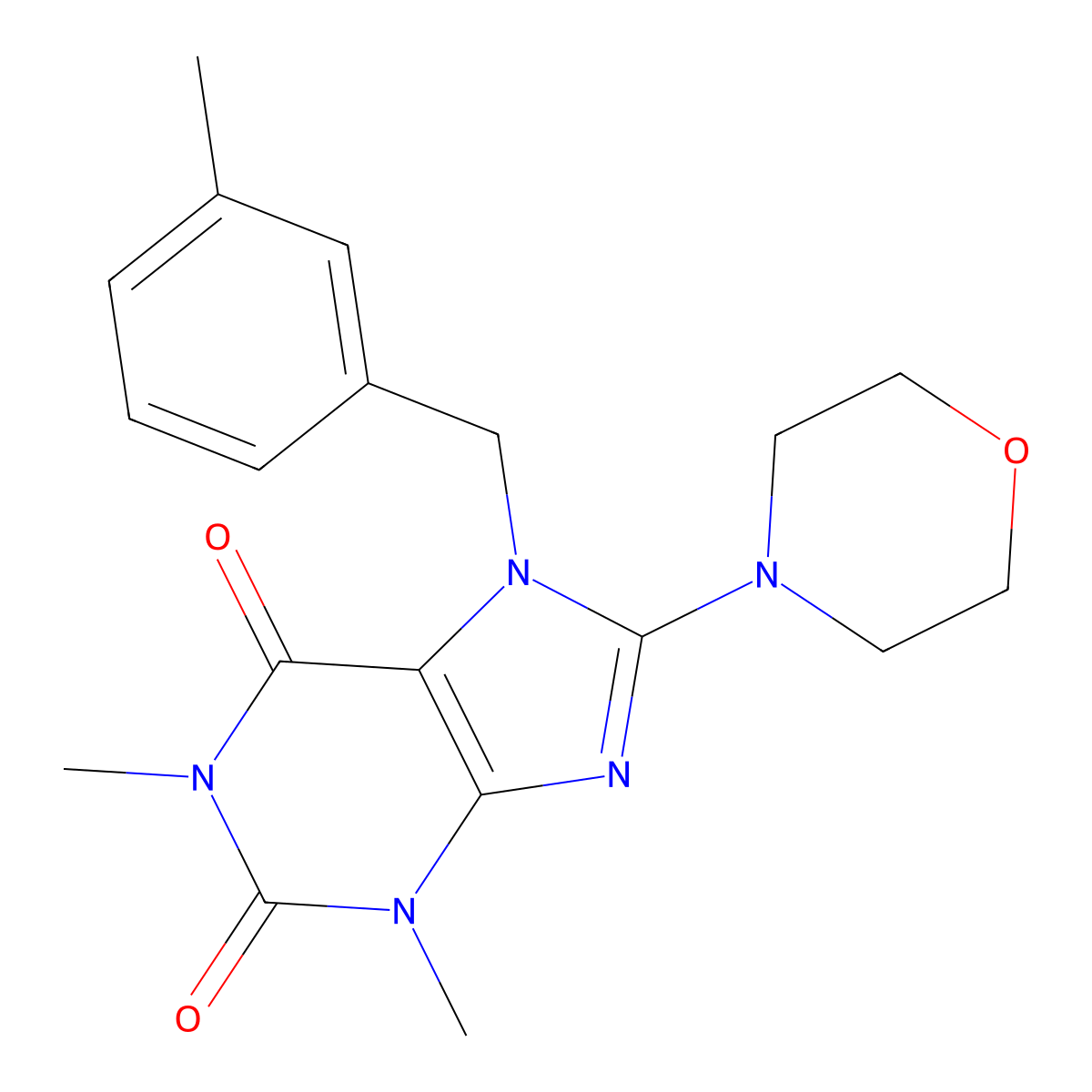 1,3-dimethyl-7-(3-methylbenzyl)-8-morpholino-1H-purine-2,6(3H,7H)-dione molecular structure, CAS 361174-71-2