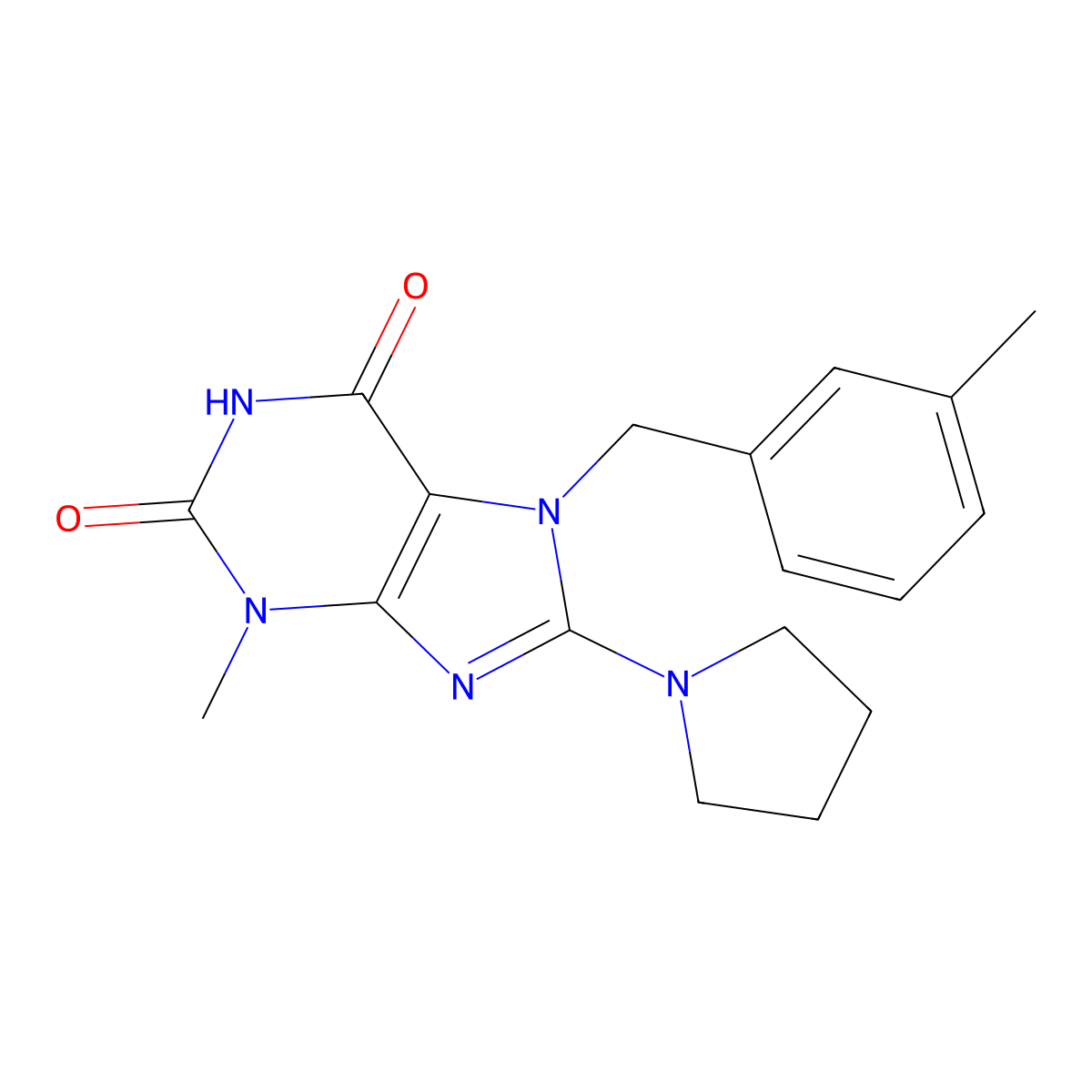 3-methyl-7-(3-methylbenzyl)-8-(pyrrolidin-1-yl)-1H-purine-2,6(3H,7H)-dione molecular structure, CAS 361174-73-4