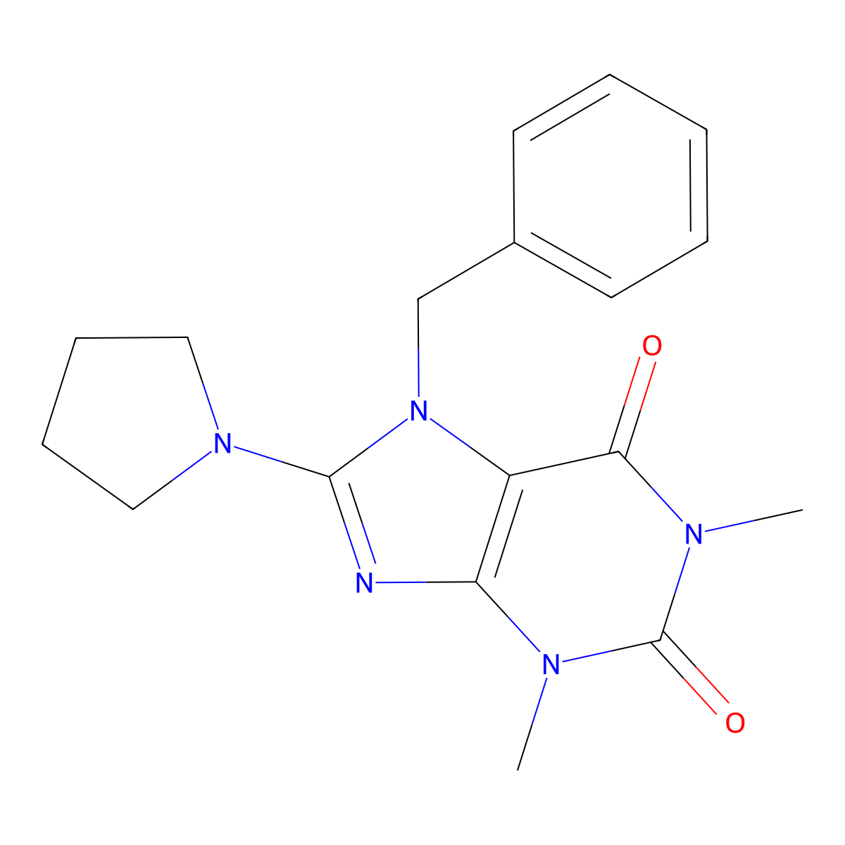 7-benzyl-1,3-dimethyl-8-(pyrrolidin-1-yl)-1H-purine-2,6(3H,7H)-dione molecular structure, CAS 361174-76-7