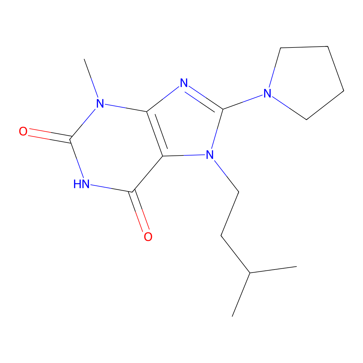 7-isopentyl-3-methyl-8-(pyrrolidin-1-yl)-1H-purine-2,6(3H,7H)-dione molecular structure, CAS 361174-81-4