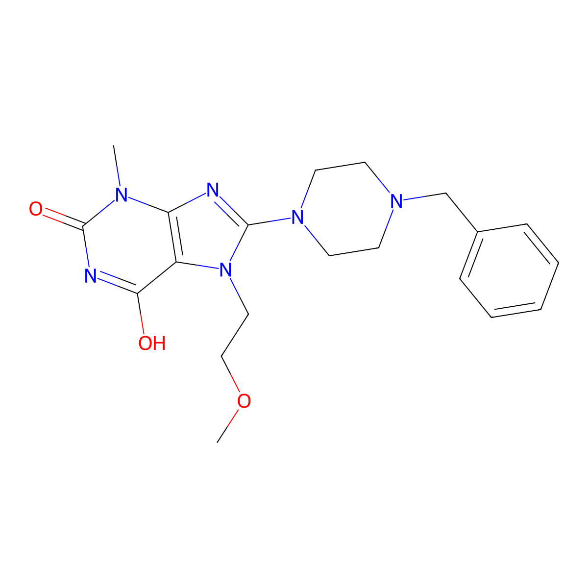 8-(4-benzylpiperazin-1-yl)-7-(2-methoxyethyl)-3-methyl-1H-purine-2,6(3H,7H)-dione molecular structure, CAS 361174-94-9