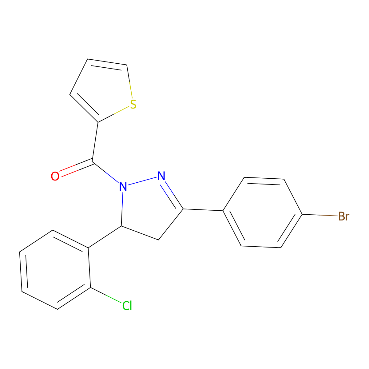 (3-(4-bromophenyl)-5-(2-chlorophenyl)-4,5-dihydro-1H-pyrazol-1-yl)(thiophen-2-yl)methanone molecular structure, CAS 361175-10-2