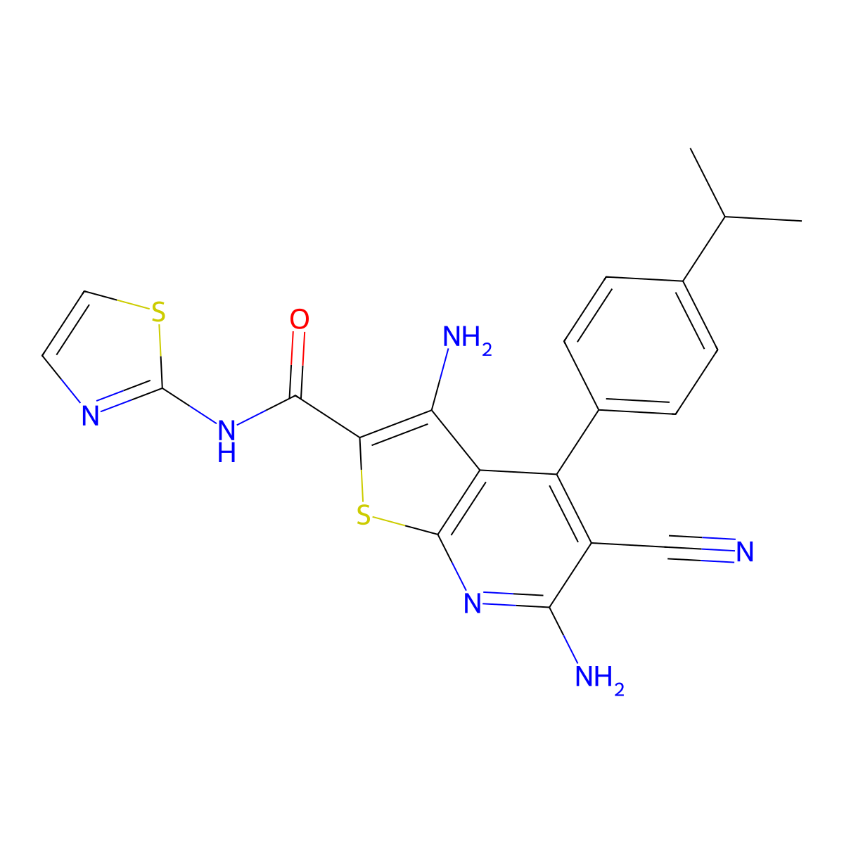 3,6-diamino-5-cyano-4-(4-isopropylphenyl)-N-(thiazol-2-yl)thieno[2,3-b]pyridine-2-carboxamide molecular structure, CAS 361178-59-8