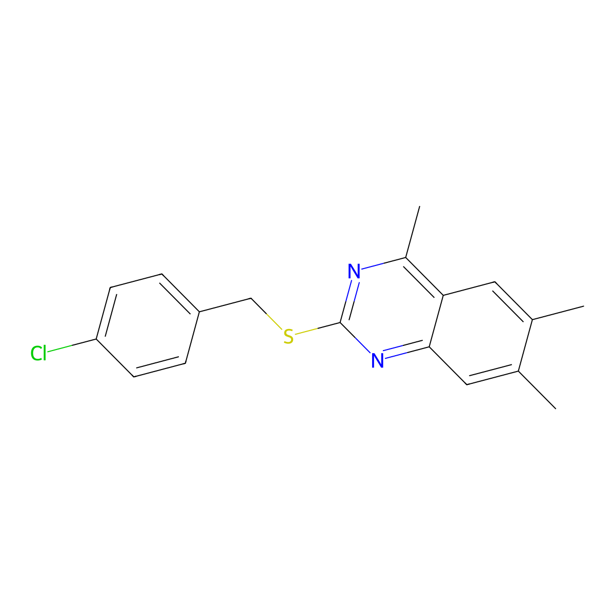 2-[(4-Chlorophenyl)methylsulfanyl]-4,6,7-trimethylquinazoline molecular structure, CAS 361179-34-2