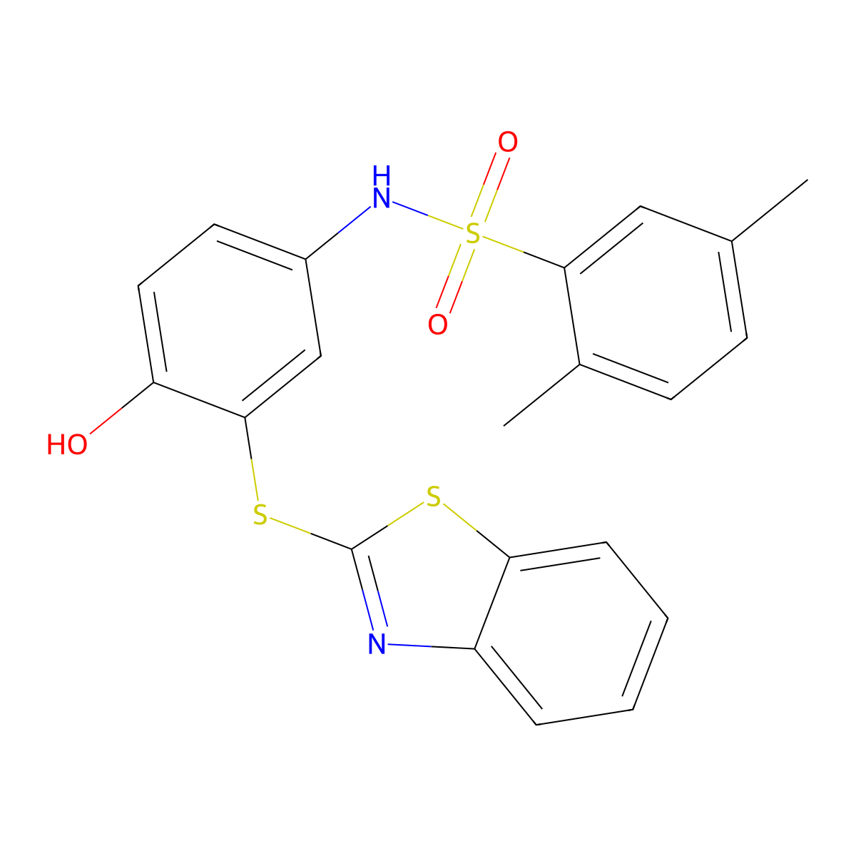 N-(3-(benzo[d]thiazol-2-ylthio)-4-hydroxyphenyl)-2,5-dimethylbenzenesulfonamide molecular structure, CAS 361179-60-4