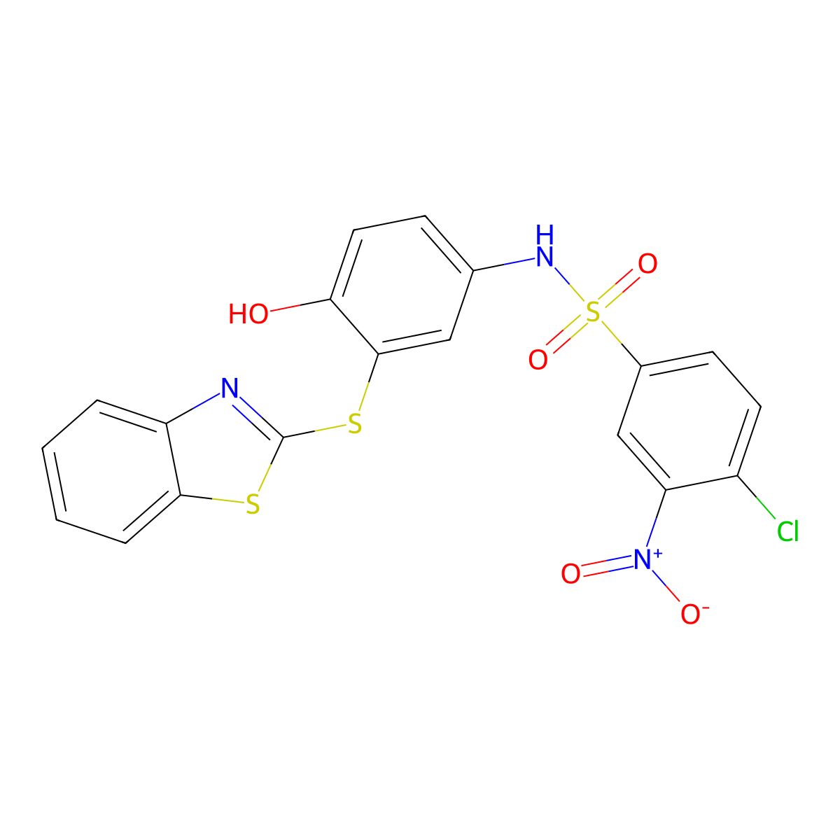 N-(3-(benzo[d]thiazol-2-ylthio)-4-hydroxyphenyl)-4-chloro-3-nitrobenzenesulfonamide molecular structure, CAS 361179-62-6
