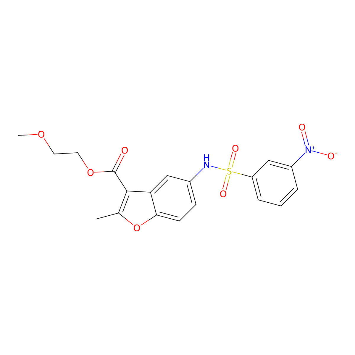 2-Methoxyethyl 2-methyl-5-(3-nitrobenzenesulfonamido)-1-benzofuran-3-carboxylate molecular structure, CAS 361179-69-3
