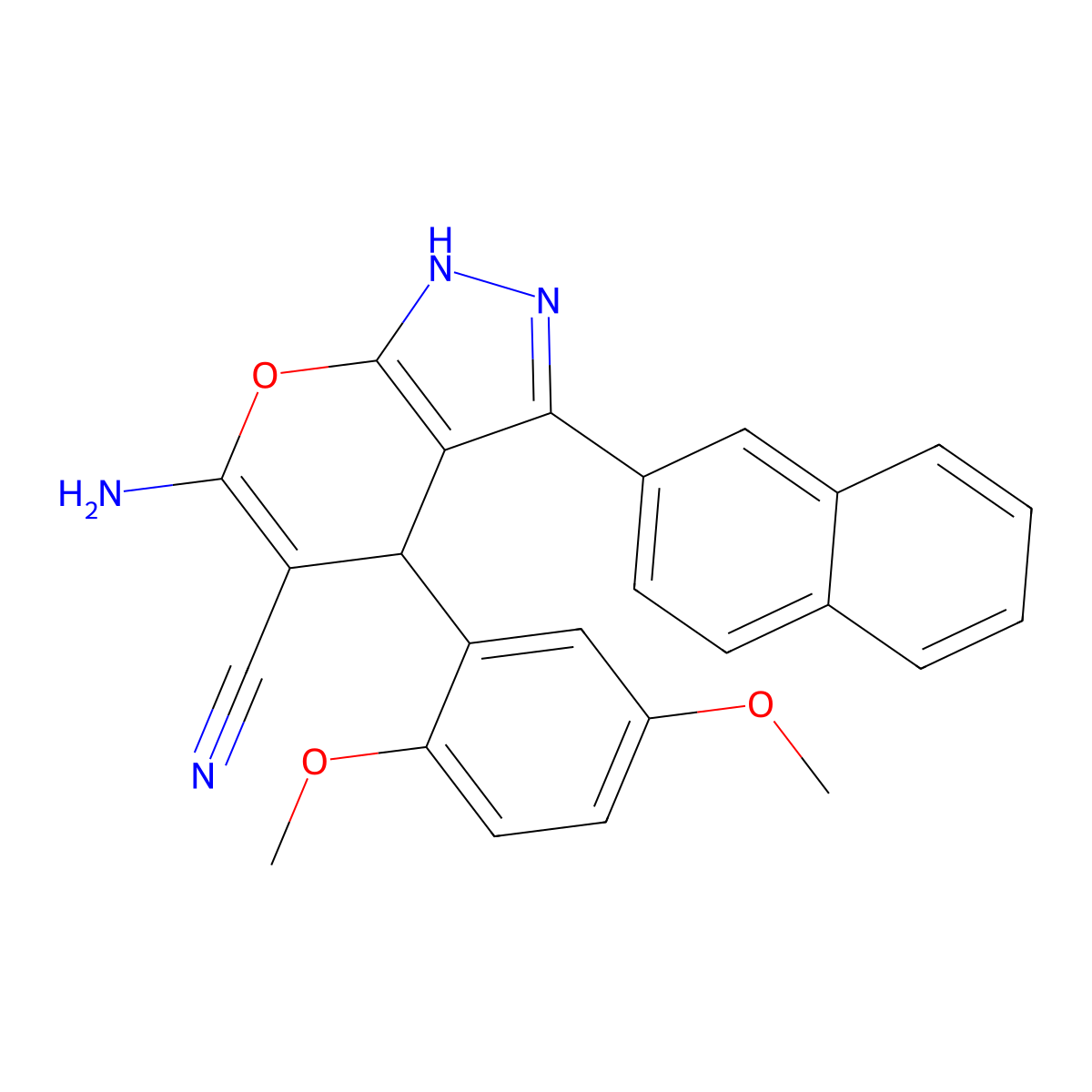 6-Amino-4-(2,5-dimethoxyphenyl)-3-(naphthalen-2-yl)-1,4-dihydropyrano[2,3-c]pyrazole-5-carbonitrile molecular structure, CAS 361185-42-4
