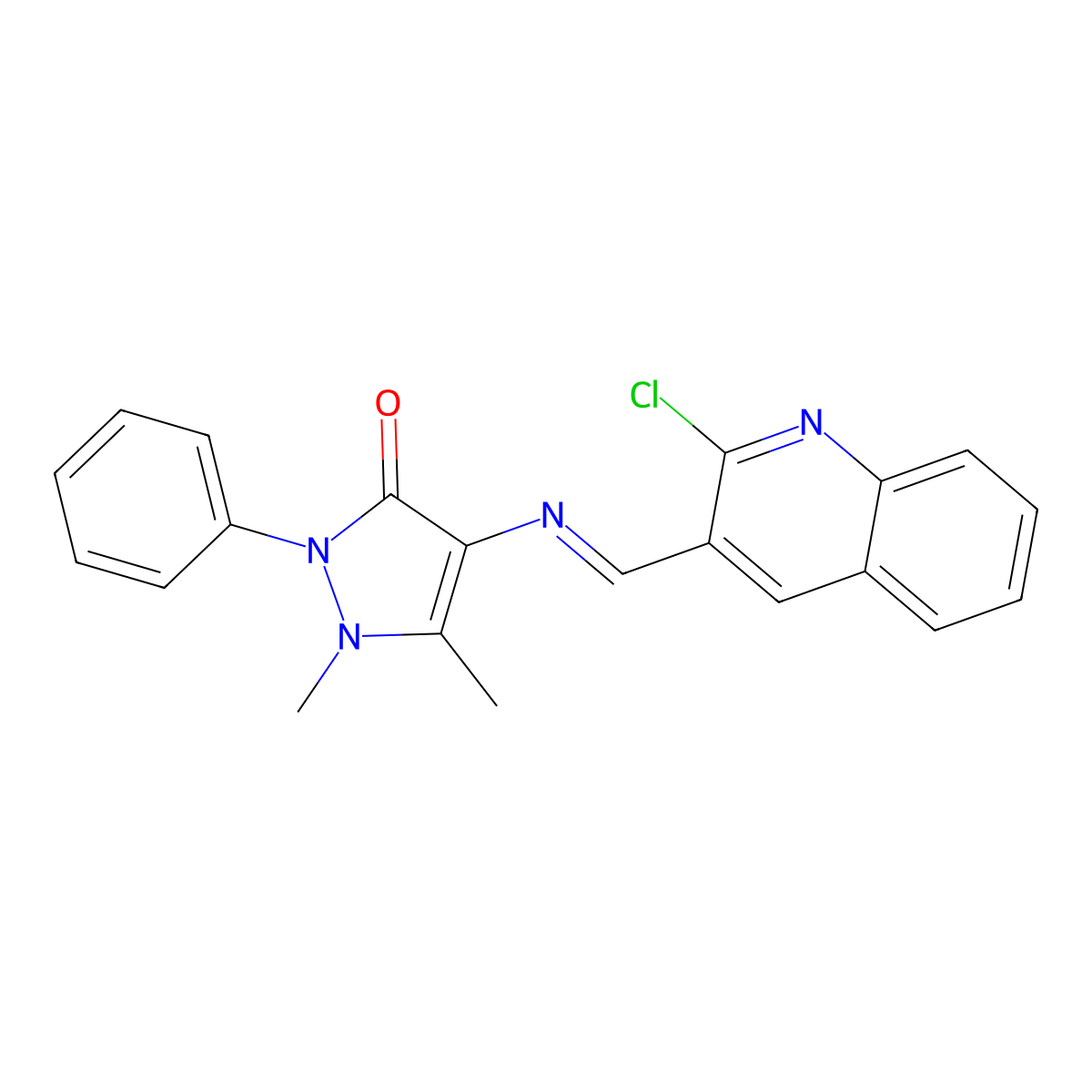 (E)-4-(((2-chloroquinolin-3-yl)methylene)amino)-1,5-dimethyl-2-phenyl-1H-pyrazol-3(2H)-one molecular structure, CAS 361186-08-5