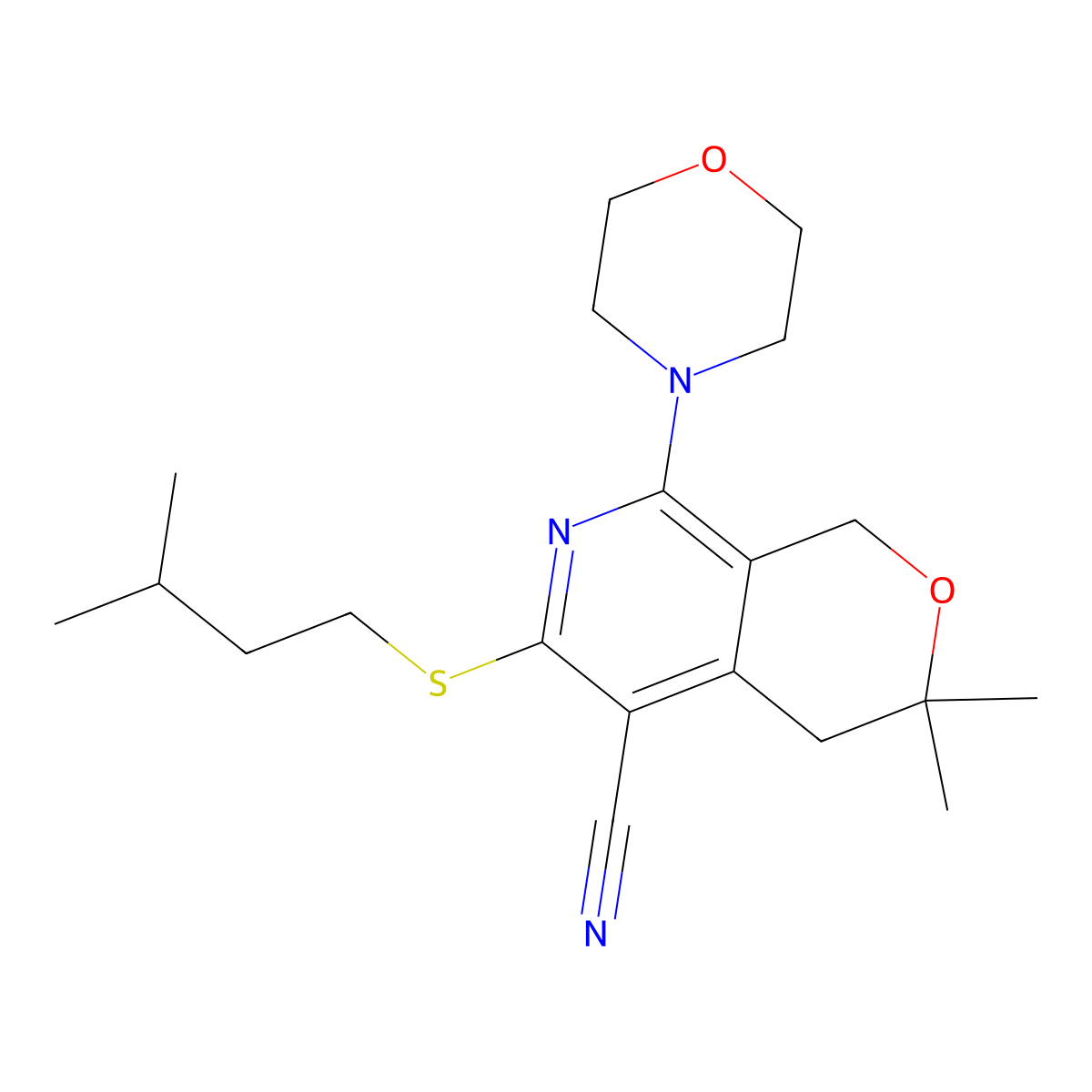 3,3-Dimethyl-6-(3-methylbutylsulfanyl)-8-morpholin-4-yl-1,4-dihydropyrano[3,4-c]pyridine-5-carbonitrile molecular structure, CAS 361193-00-2