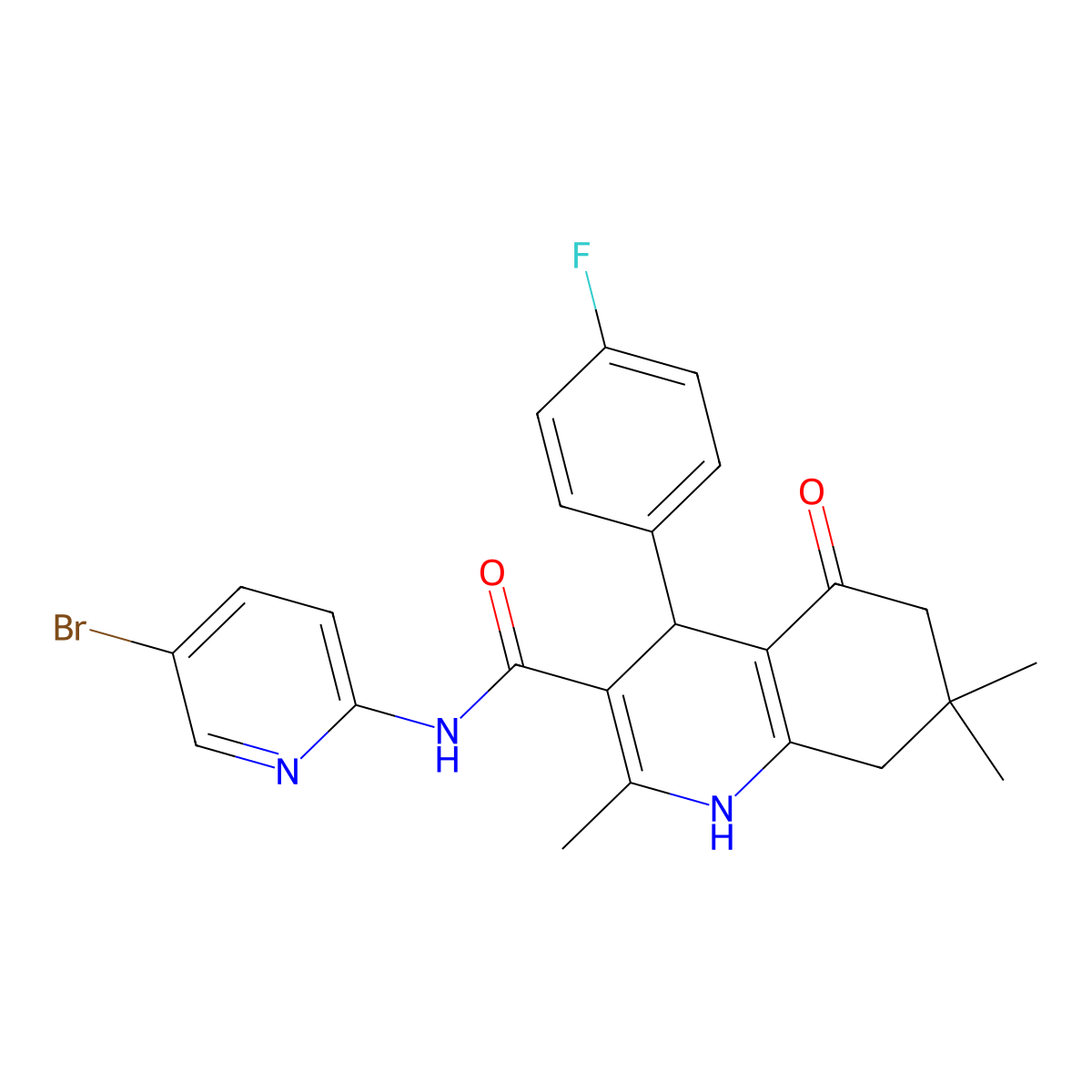 N-(5-bromopyridin-2-yl)-4-(4-fluorophenyl)-2,7,7-trimethyl-5-oxo-1,4,6,8-tetrahydroquinoline-3-carboxamide molecular structure, CAS 361195-38-2