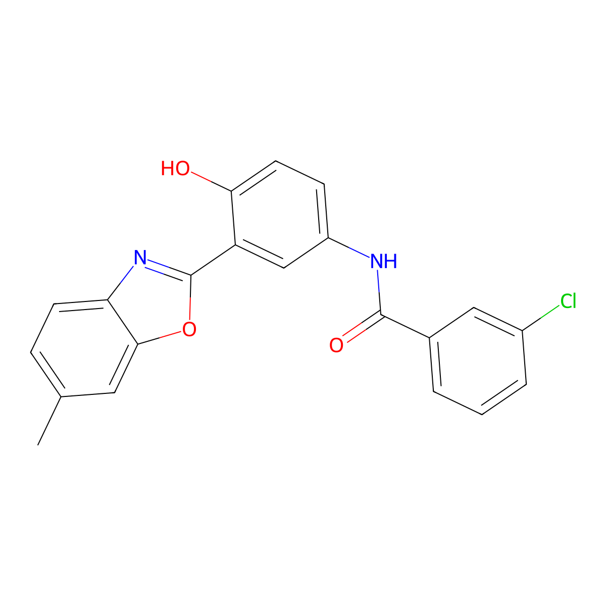 3-chloro-N-[4-hydroxy-3-(6-methyl-1,3-benzoxazol-2-yl)phenyl]benzamide molecular structure, CAS 361197-55-9