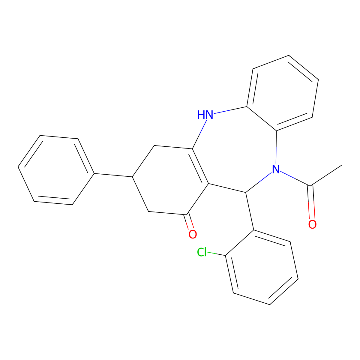 5-acetyl-6-(2-chlorophenyl)-9-phenyl-8,9,10,11-tetrahydro-6H-benzo[b][1,4]benzodiazepin-7-one molecular structure, CAS 361197-76-4