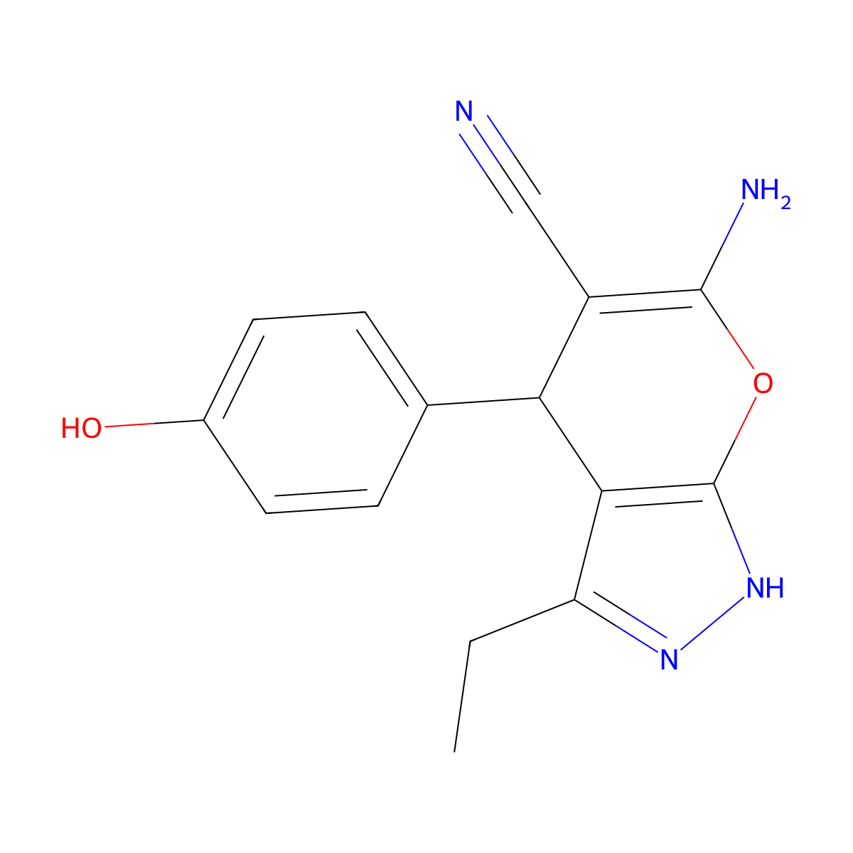 6-Amino-3-ET-4-(4-hydroxyphenyl)-1,4-dihydropyrano(2,3-C)pyrazole-5-carbonitrile molecular structure, CAS 361365-99-3