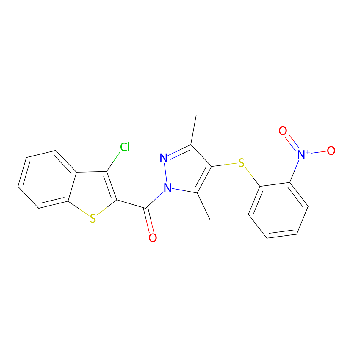 (3-Chloro-1-benzothiophen-2-yl)-[3,5-dimethyl-4-(2-nitrophenyl)sulfanylpyrazol-1-yl]methanone molecular structure, CAS 361366-55-4
