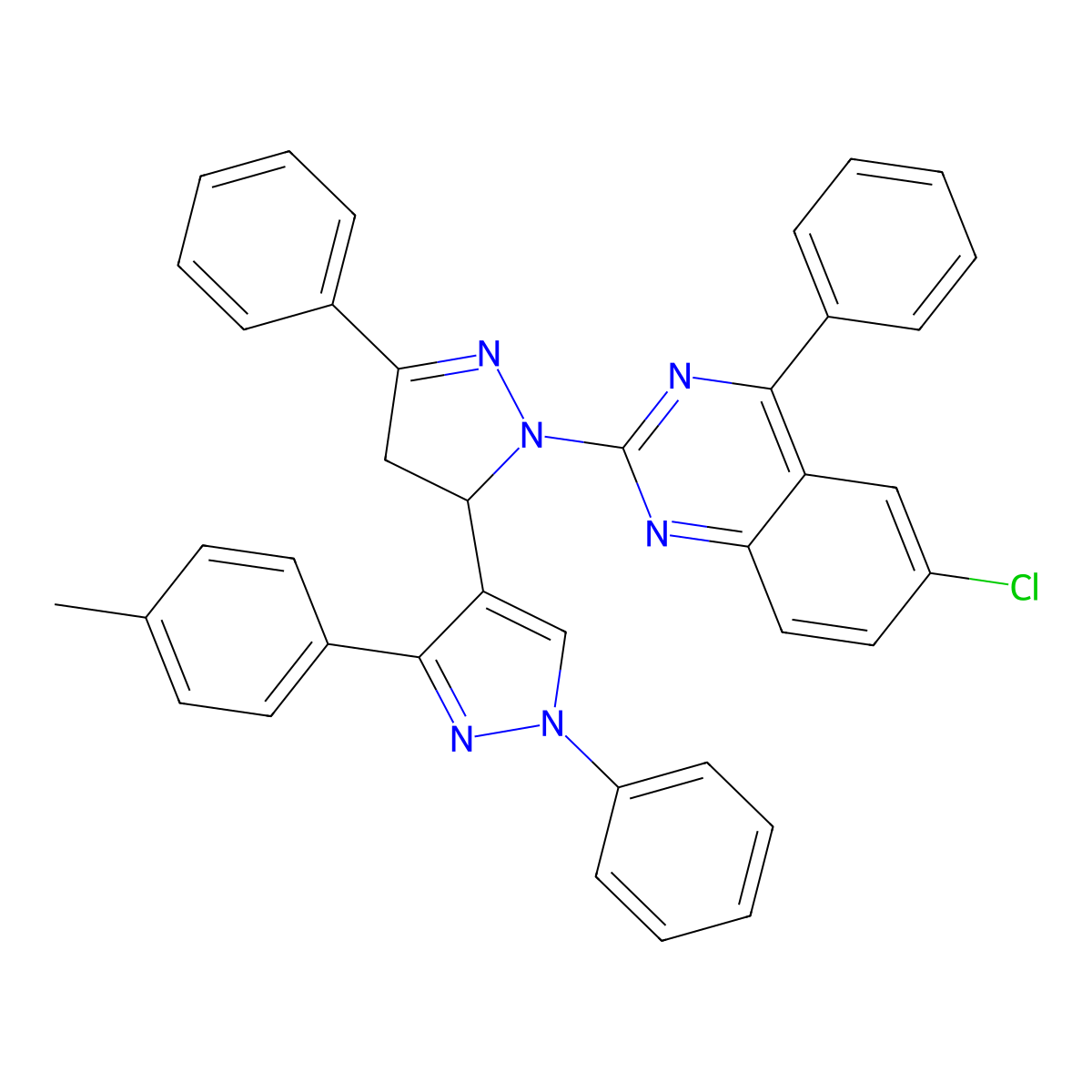 6-Chloro-2-[3-[3-(4-methylphenyl)-1-phenylpyrazol-4-yl]-5-phenyl-3,4-dihydropyrazol-2-yl]-4-phenylquinazoline molecular structure, CAS 361366-59-8