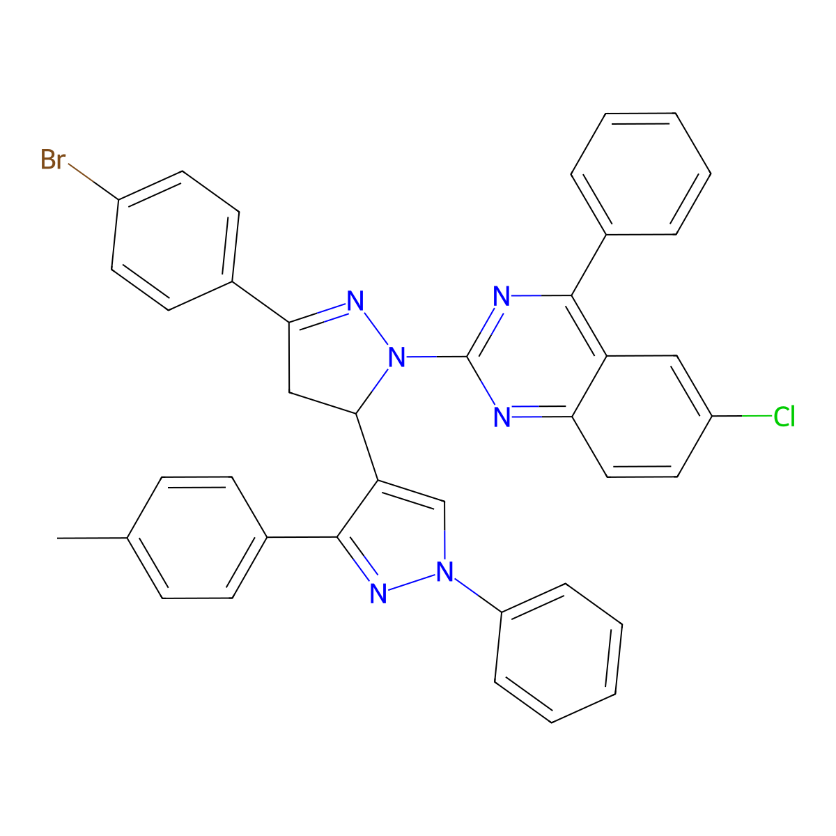 2-[5-(4-Bromophenyl)-3-[3-(4-methylphenyl)-1-phenylpyrazol-4-yl]-3,4-dihydropyrazol-2-yl]-6-chloro-4-phenylquinazoline molecular structure, CAS 361366-61-2