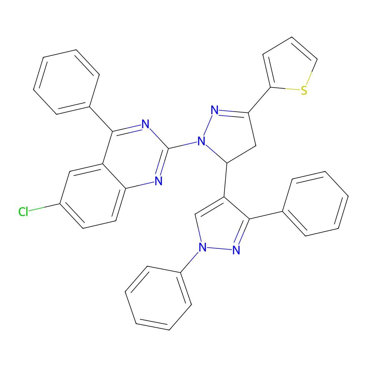 6-Chloro-2-[3-(1,3-diphenylpyrazol-4-yl)-5-thiophen-2-yl-3,4-dihydropyrazol-2-yl]-4-phenylquinazoline molecular structure, CAS 361366-64-5