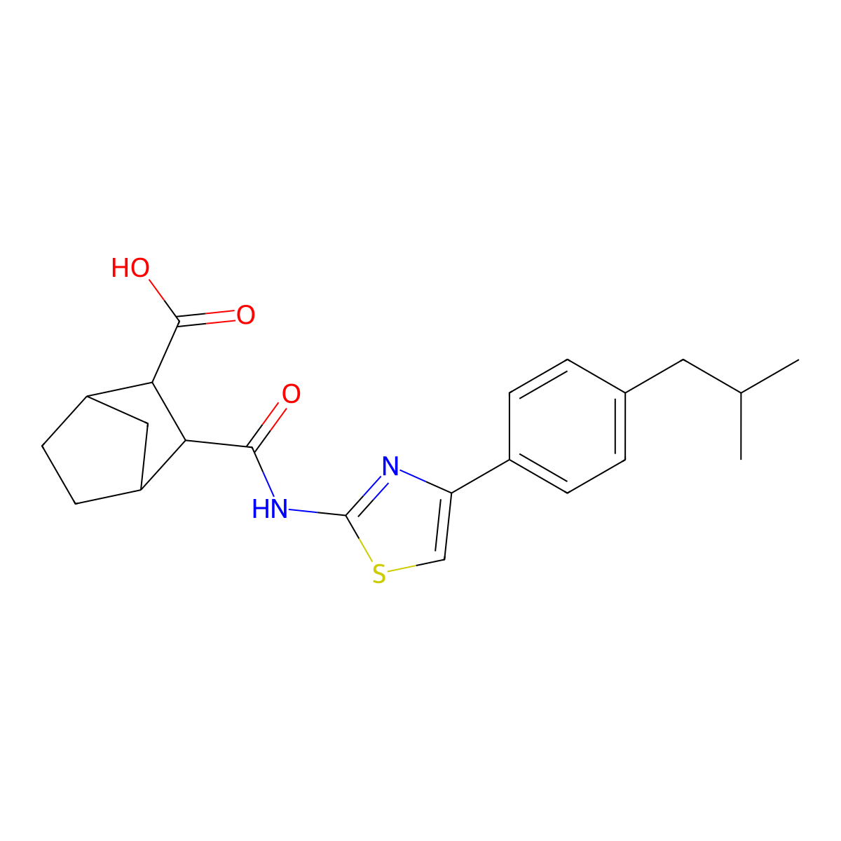 3-({[4-(4-Isobutylphenyl)-1,3-thiazol-2-yl]amino}carbonyl)bicyclo[2.2.1]heptane-2-carboxylic acid molecular structure, CAS 361366-77-0