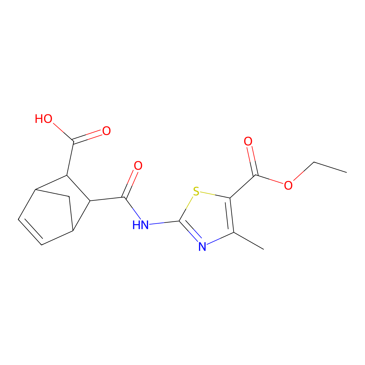 3-({[5-(Ethoxycarbonyl)-4-methyl-1,3-thiazol-2-yl]amino}carbonyl)bicyclo[2.2.1]hept-5-ene-2-carboxylic acid molecular structure, CAS 361366-83-8