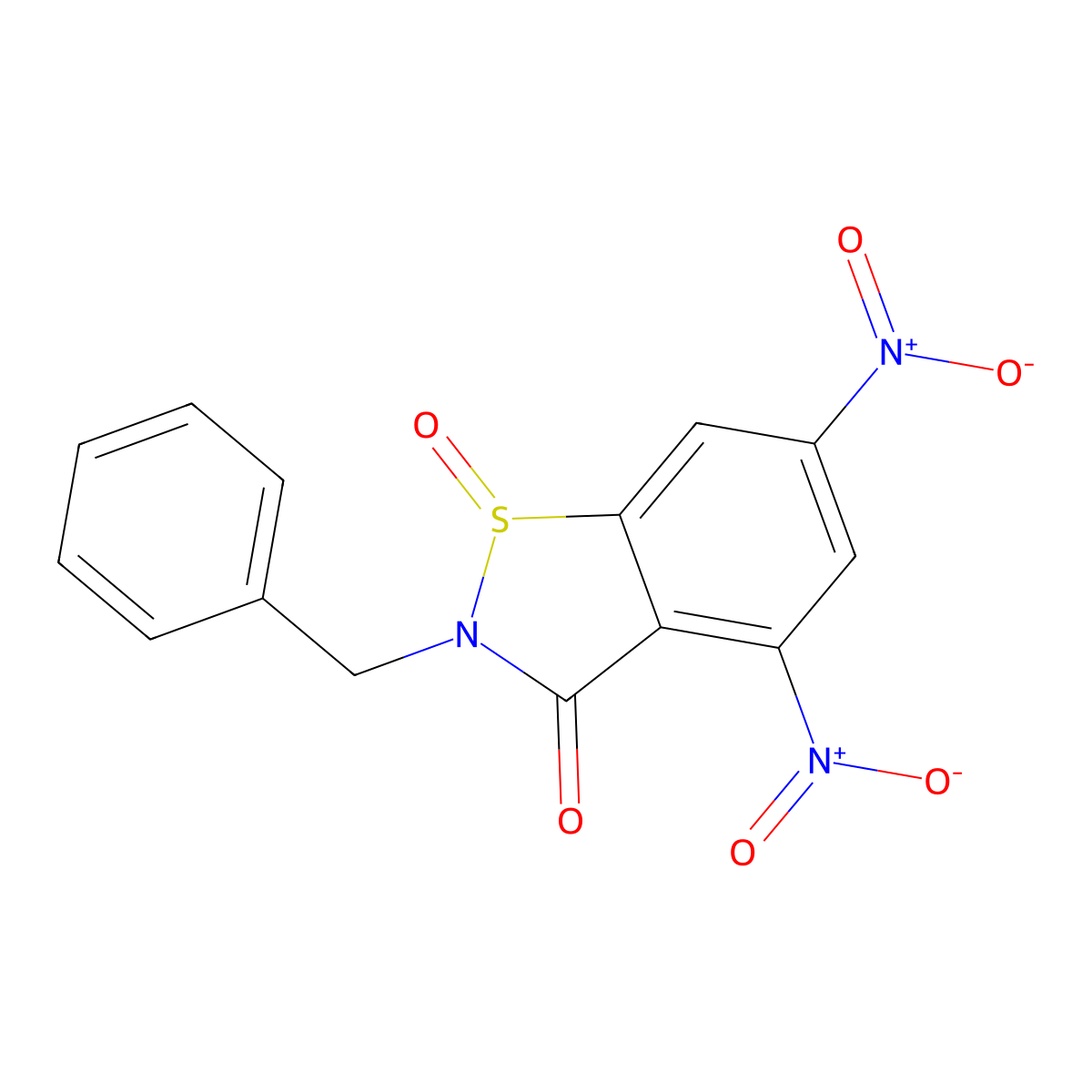 1,2-Benzisothiazol-3(2H)-one, 4,6-dinitro-2-(phenylmethyl)-, 1-oxide molecular structure, CAS 361367-41-1