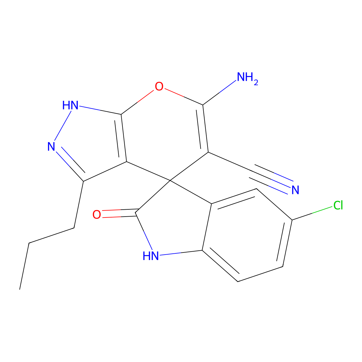 6-amino-5'-chloro-5-cyano-2'-oxo-3-propyl-1,1',3',4-tetrahydrospiro[pyrano[2,3-c]pyrazole-4,3'-(2'H)-indol] molecular structure, CAS 361367-96-6
