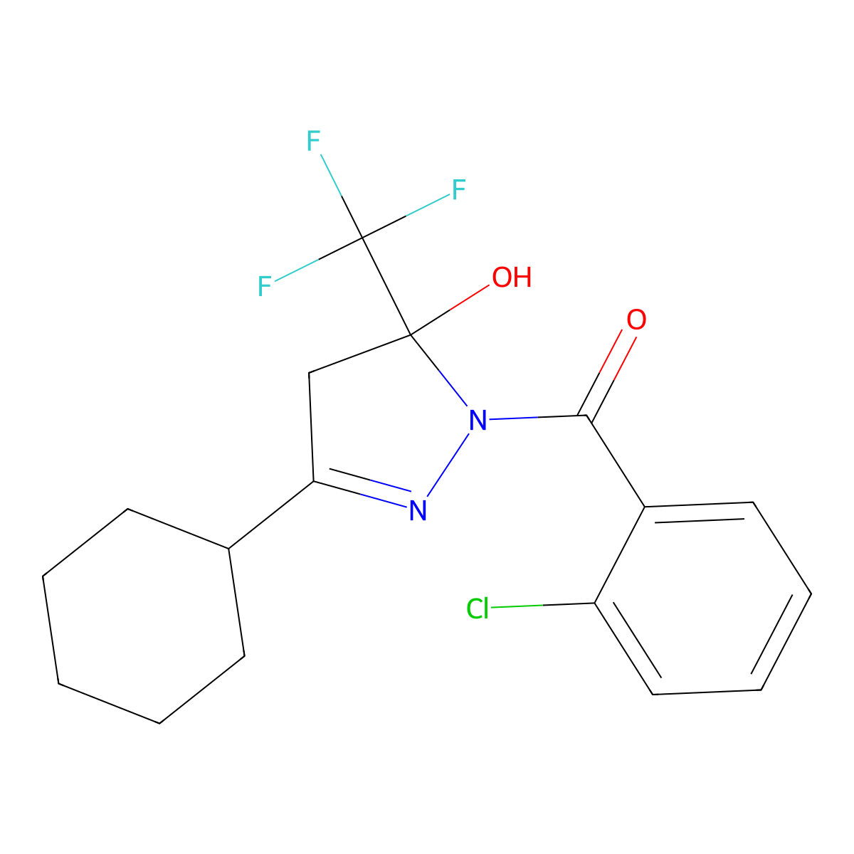 (2-chlorophenyl)-[3-cyclohexyl-5-hydroxy-5-(trifluoromethyl)-4H-pyrazol-1-yl]methanone molecular structure, CAS 361371-62-2