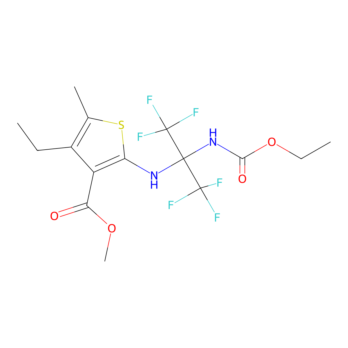 Methyl 2-({2-[(ethoxycarbonyl)amino]-1,1,1,3,3,3-hexafluoropropan-2-yl}amino)-4-ethyl-5-methylthiophene-3-carboxylate molecular structure, CAS 361371-85-9