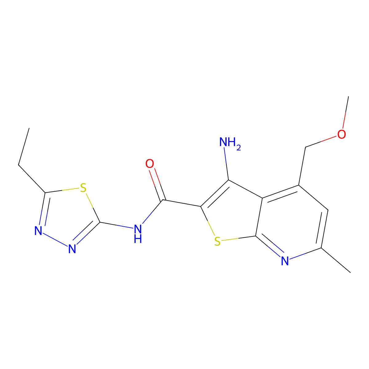 3-Amino-N-(5-ethyl-1,3,4-thiadiazol-2-yl)-4-(methoxymethyl)-6-methylthieno[2,3-b]pyridine-2-carboxamide molecular structure, CAS 361371-96-2