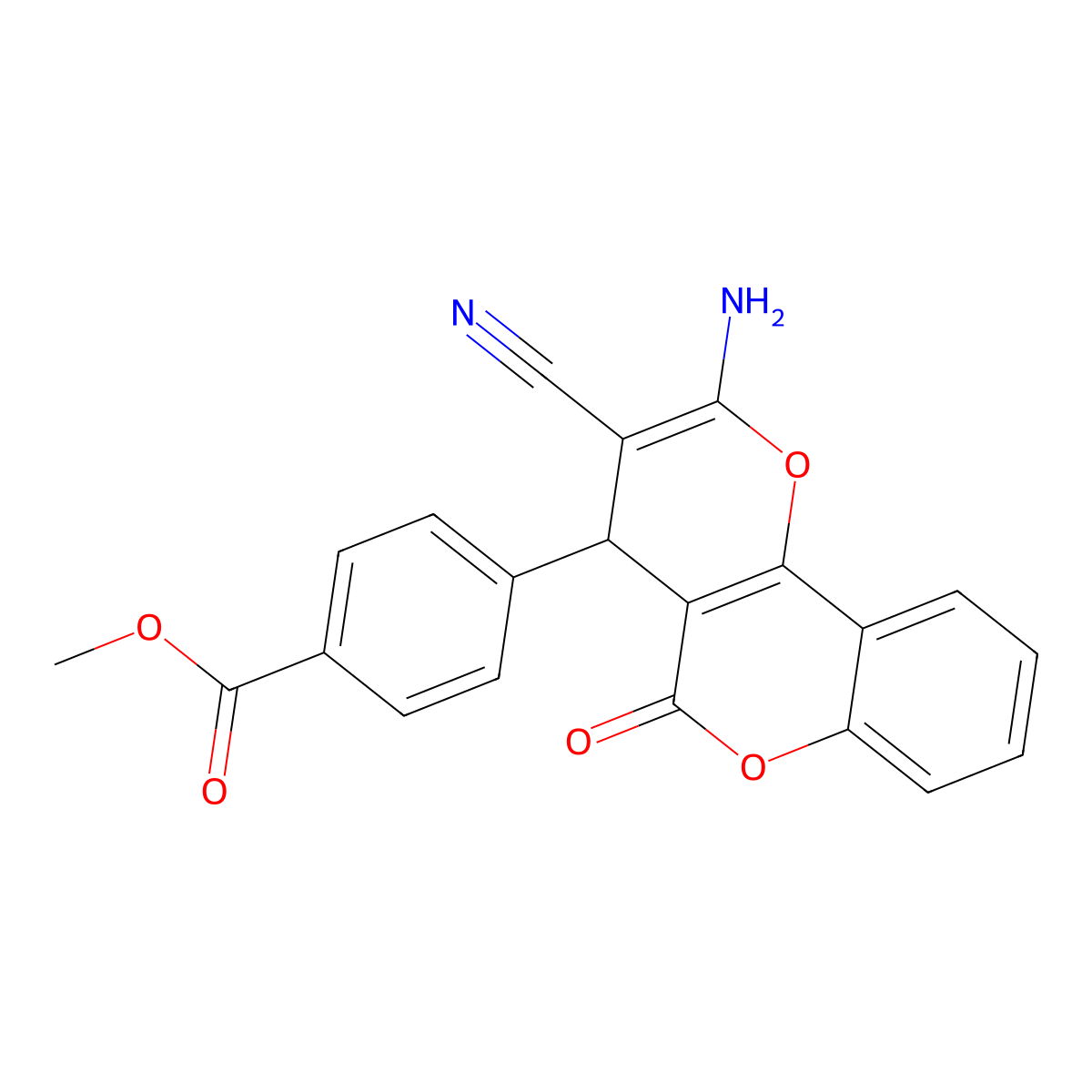 methyl 4-(2-amino-3-cyano-5-oxo-4H-pyrano[3,2-c]chromen-4-yl)benzoate molecular structure, CAS 361372-32-9