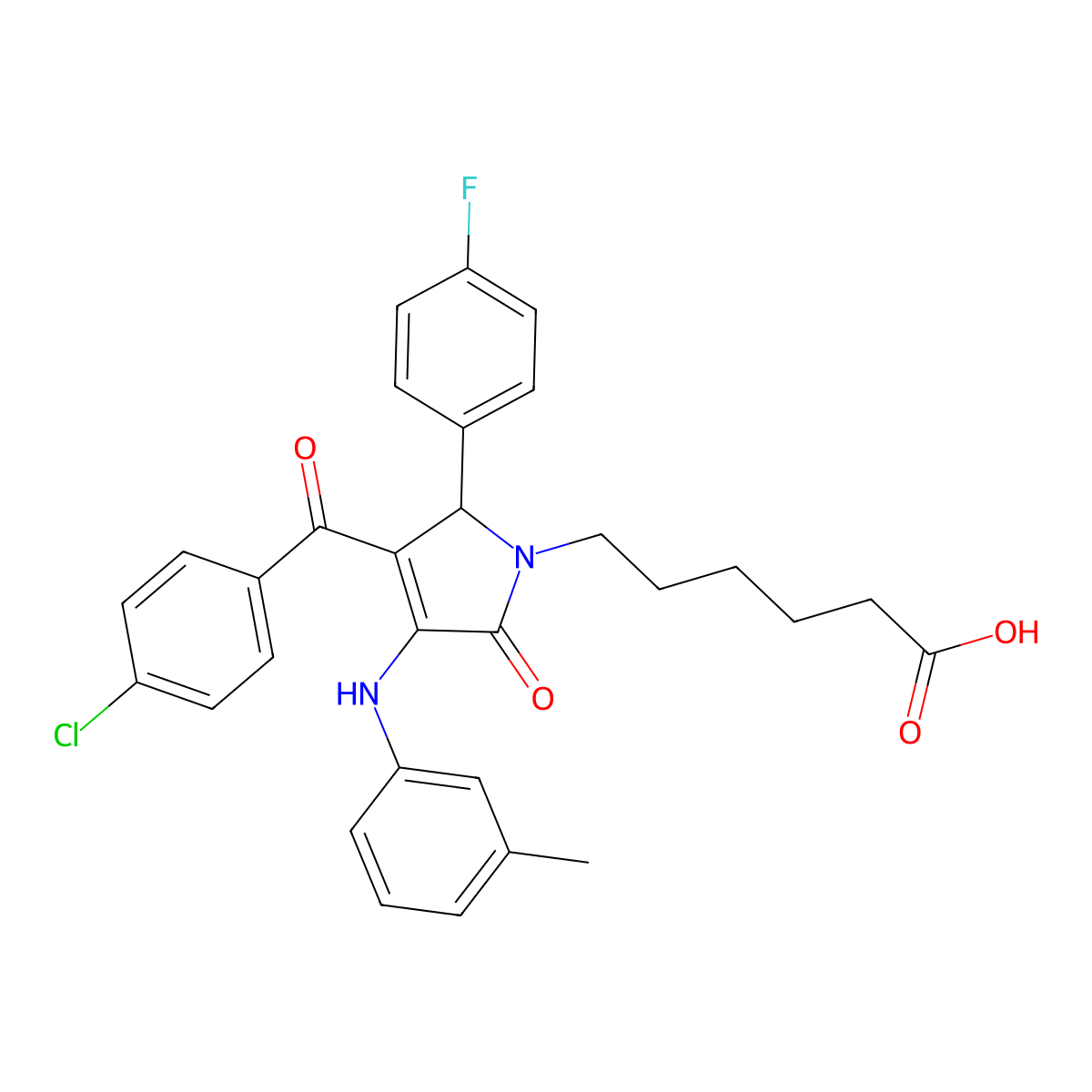 3-(4-Chlorobenzoyl)-2-(4-fluorophenyl)-2,5-dihydro-4-((3-methylphenyl)amino)-5-oxo-1H-pyrrole-1-hexanoic acid molecular structure, CAS 361372-46-5