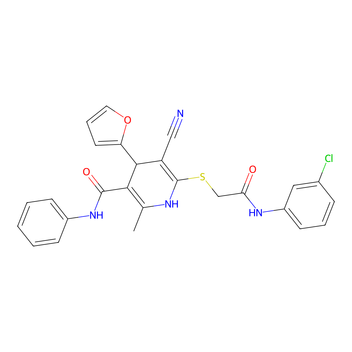 6-((2-((3-chlorophenyl)amino)-2-oxoethyl)thio)-5-cyano-4-(furan-2-yl)-2-methyl-N-phenyl-1,4-dihydropyridine-3-carboxamide molecular structure, CAS 361372-59-0