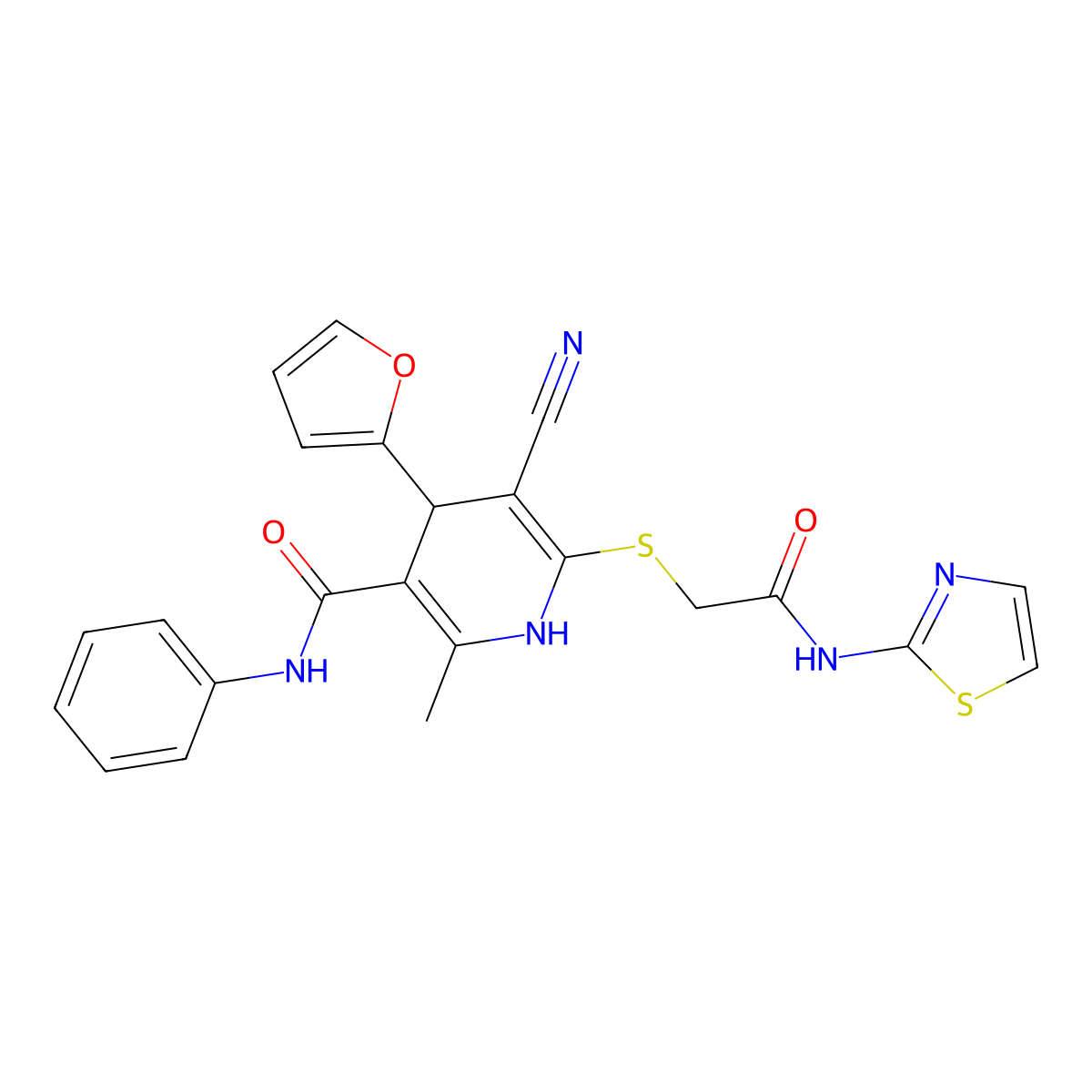 5-cyano-4-(furan-2-yl)-2-methyl-6-((2-oxo-2-(thiazol-2-ylamino)ethyl)thio)-N-phenyl-1,4-dihydropyridine-3-carboxamide molecular structure, CAS 361372-60-3