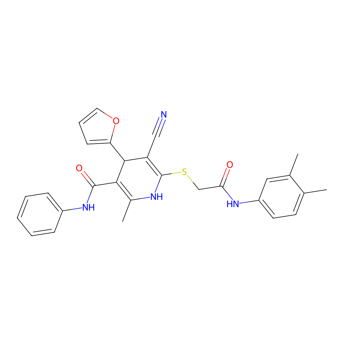 5-cyano-6-[2-(3,4-dimethylanilino)-2-oxoethyl]sulfanyl-4-(furan-2-yl)-2-methyl-N-phenyl-1,4-dihydropyridine-3-carboxamide molecular structure, CAS 361372-62-5