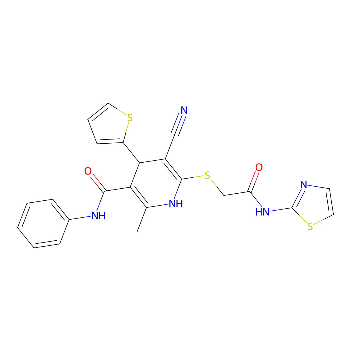 5-cyano-2-methyl-6-((2-oxo-2-(thiazol-2-ylamino)ethyl)thio)-N-phenyl-4-(thiophen-2-yl)-1,4-dihydropyridine-3-carboxamide molecular structure, CAS 361372-71-6