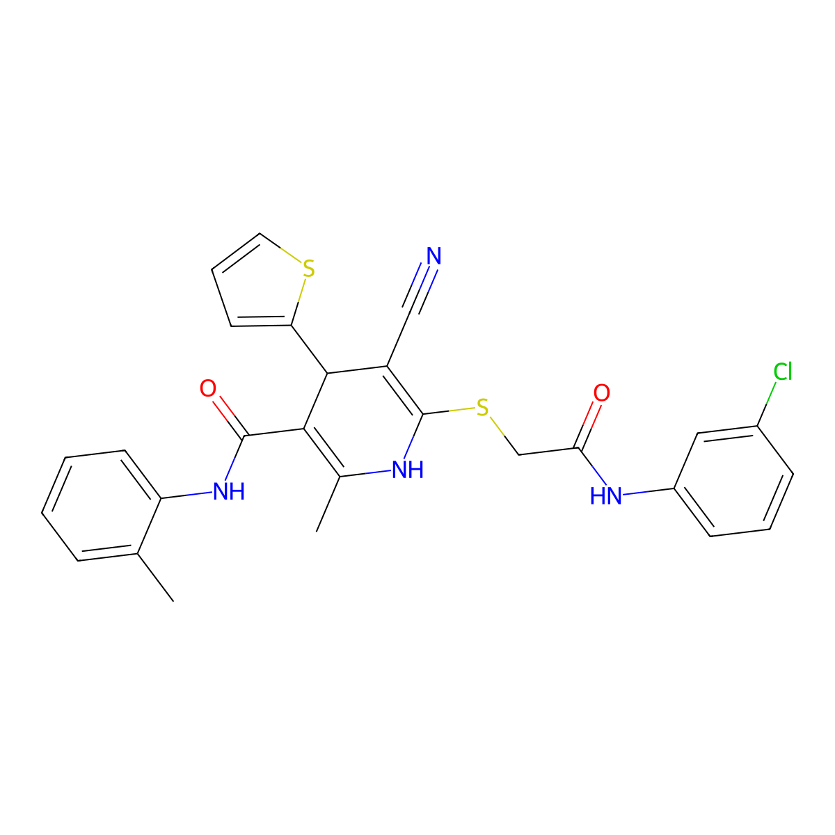 6-((2-((3-chlorophenyl)amino)-2-oxoethyl)thio)-5-cyano-2-methyl-4-(thiophen-2-yl)-N-(o-tolyl)-1,4-dihydropyridine-3-carboxamide molecular structure, CAS 361372-96-5