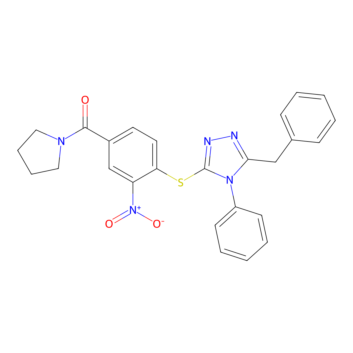 [4-[(5-Benzyl-4-phenyl-1,2,4-triazol-3-yl)sulfanyl]-3-nitrophenyl]-pyrrolidin-1-ylmethanone molecular structure, CAS 361464-53-1