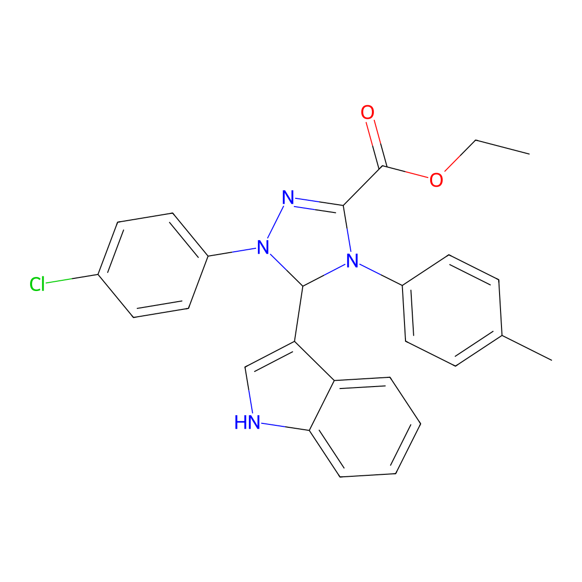 ethyl 1-(4-chlorophenyl)-5-(1H-indol-3-yl)-4-(4-methylphenyl)-4,5-dihydro-1H-1,2,4-triazole-3-carboxylate molecular structure, CAS 361466-22-0