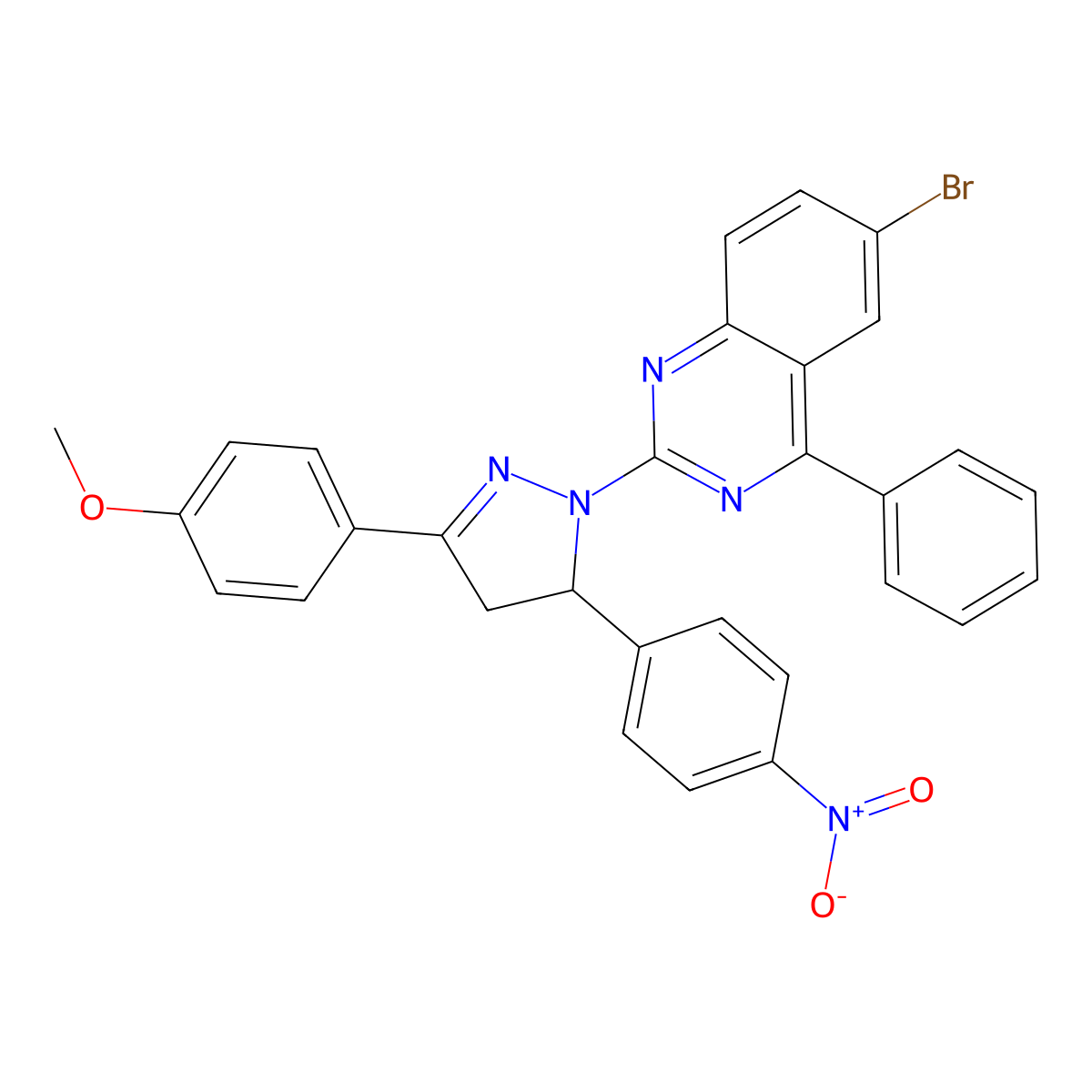 6-bromo-2-(3-(4-methoxyphenyl)-5-(4-nitrophenyl)-4,5-dihydro-1H-pyrazol-1-yl)-4-phenylquinazoline molecular structure, CAS 361469-32-1