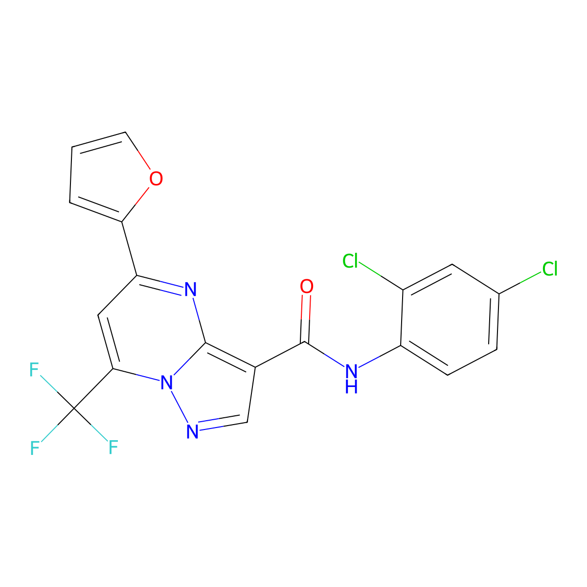 N-(2,4-dichlorophenyl)-5-(furan-2-yl)-7-(trifluoromethyl)pyrazolo[1,5-a]pyrimidine-3-carboxamide molecular structure, CAS 361470-17-9