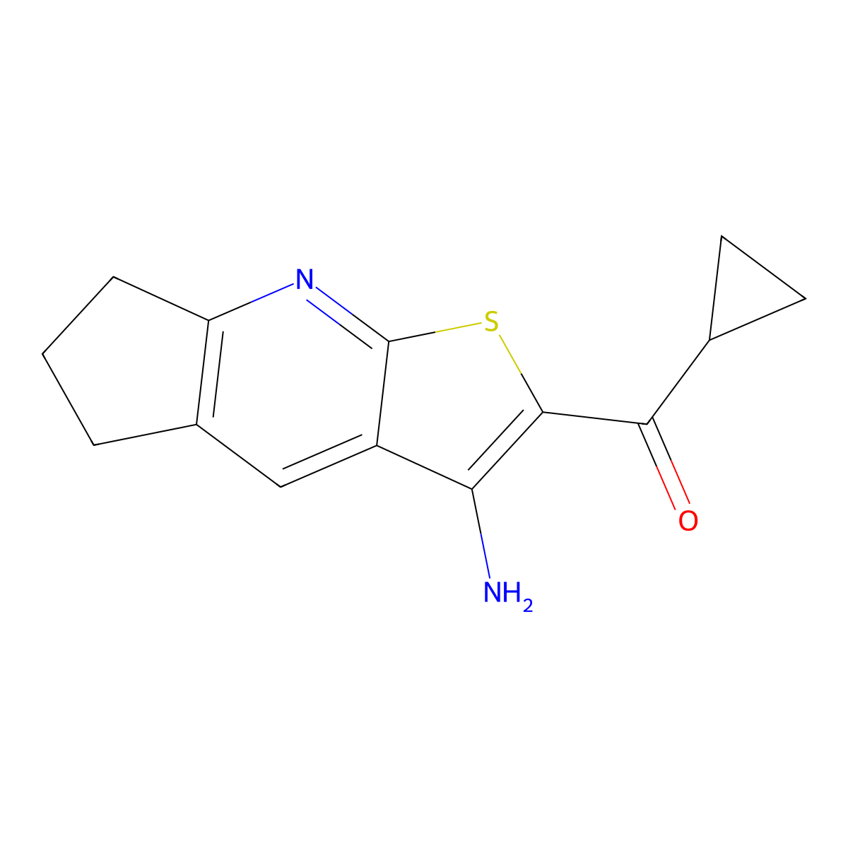 (3-Amino-6,7-dihydro-5H-cyclopenta[B]thieno[3,2-E]pyridin-2-YL)(cyclopropyl)methanone molecular structure, CAS 361470-80-6