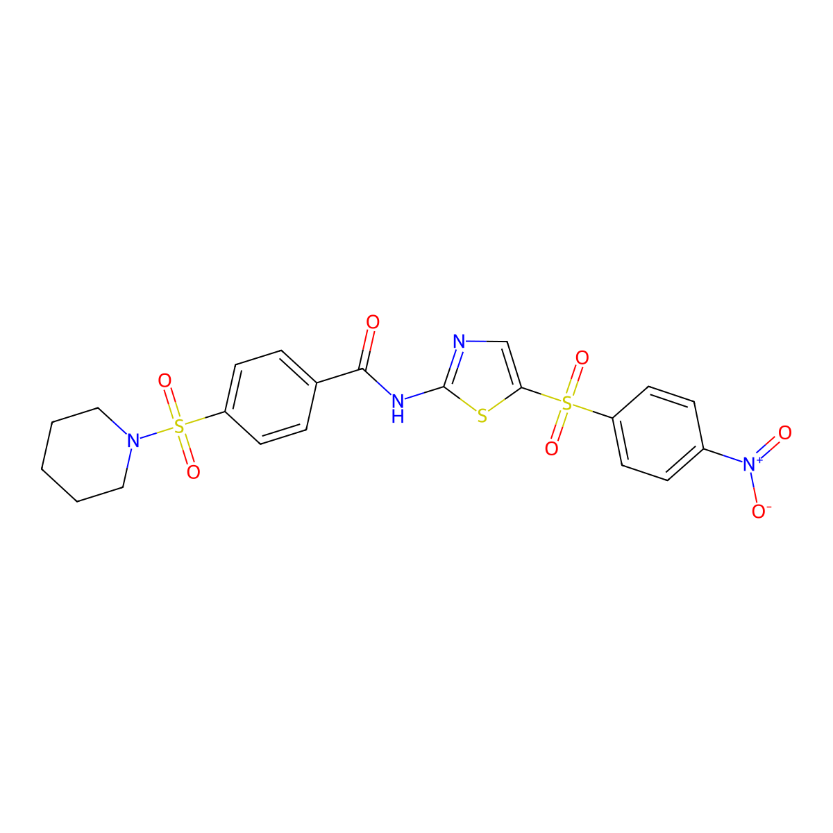 N-(5-((4-nitrophenyl)sulfonyl)thiazol-2-yl)-4-(piperidin-1-ylsulfonyl)benzamide molecular structure, CAS 361471-42-3