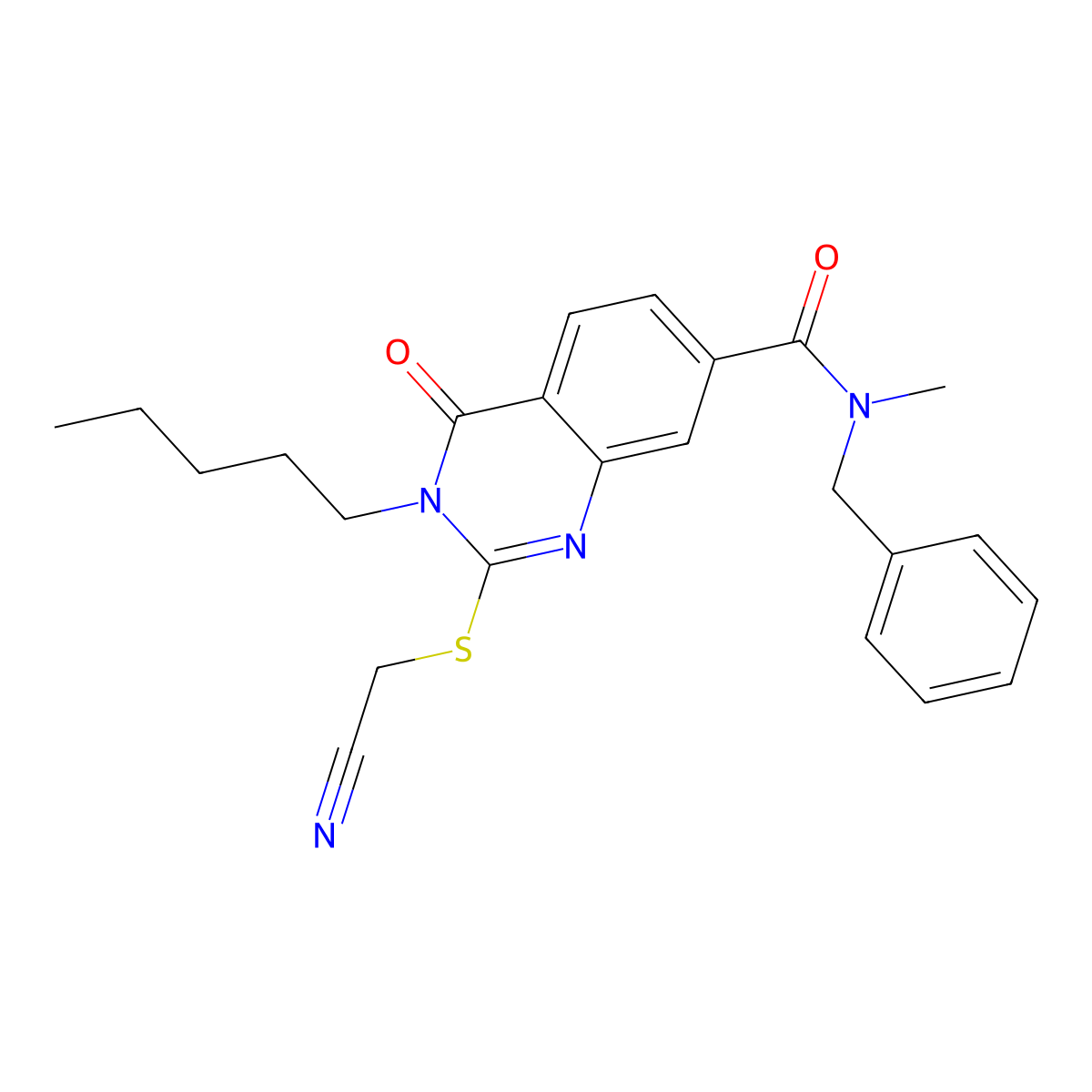 N-benzyl-2-((cyanomethyl)thio)-N-methyl-4-oxo-3-pentyl-3,4-dihydroquinazoline-7-carboxamide molecular structure, CAS 361472-68-6