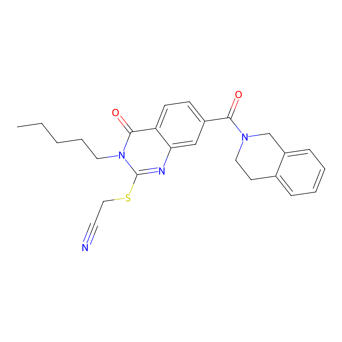 2-{[4-Oxo-3-pentyl-7-(1,2,3,4-tetrahydroisoquinoline-2-carbonyl)-3,4-dihydroquinazolin-2-yl]sulfanyl}acetonitrile molecular structure, CAS 361472-72-2